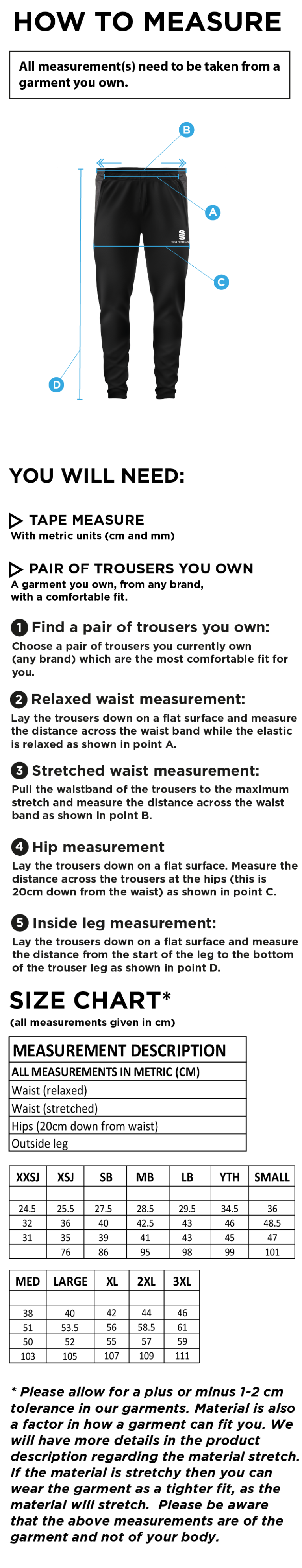 Rimington FC Tek Slim Pant Black - Size Guide