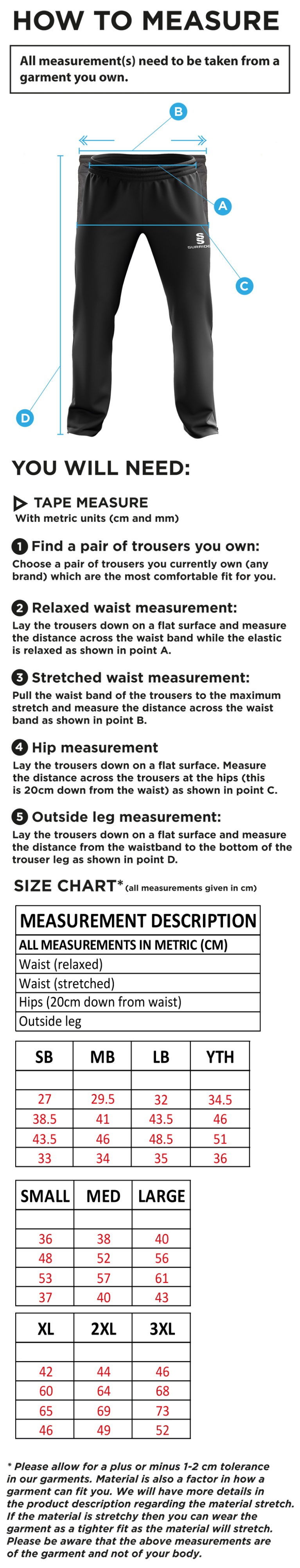 Rimington FC Ripstop Track Pant Black - Size Guide