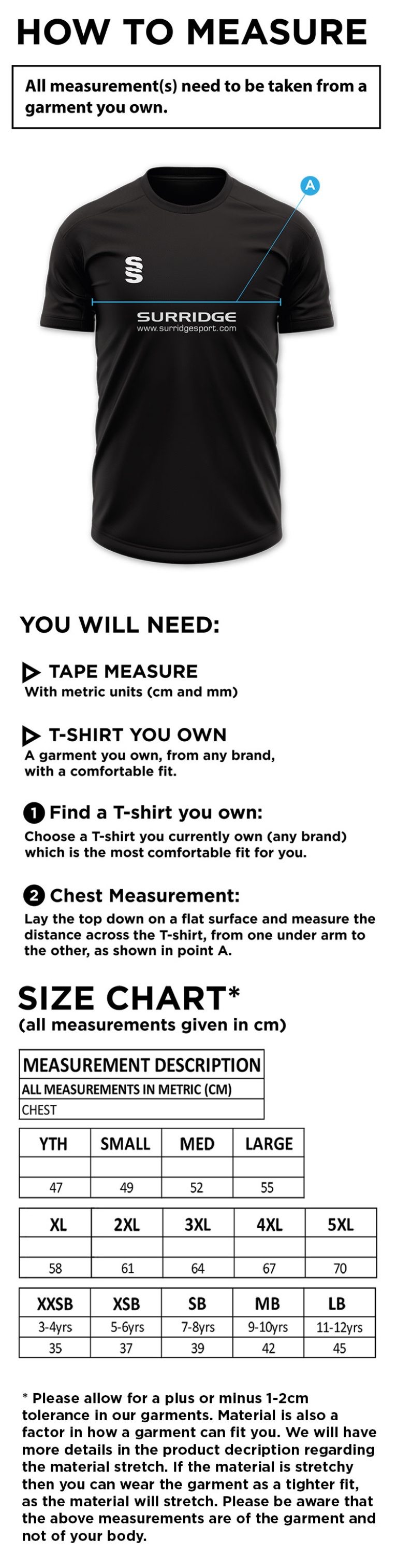 Rimington FC Blade Training shirt - Size Guide