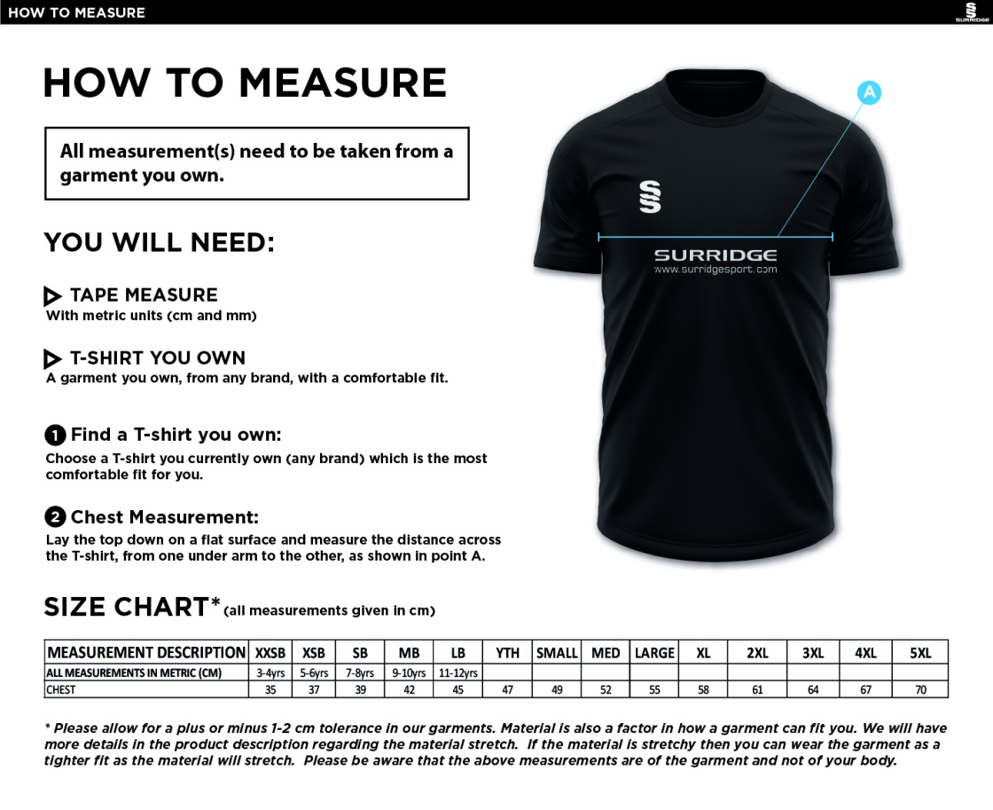 Rimington FC Blade Training shirt - Size Guide