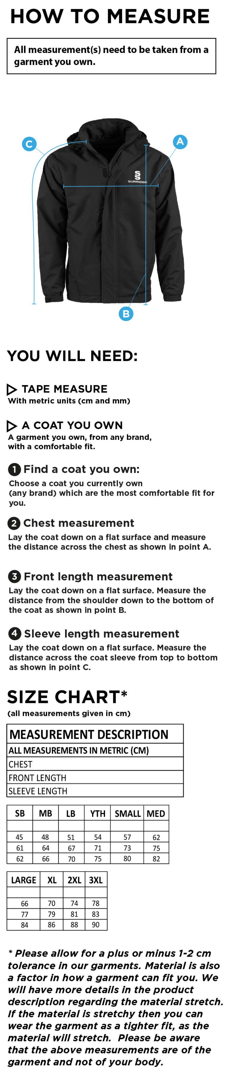 Rimington FC Fleece Line Jacket - Black - Size Guide