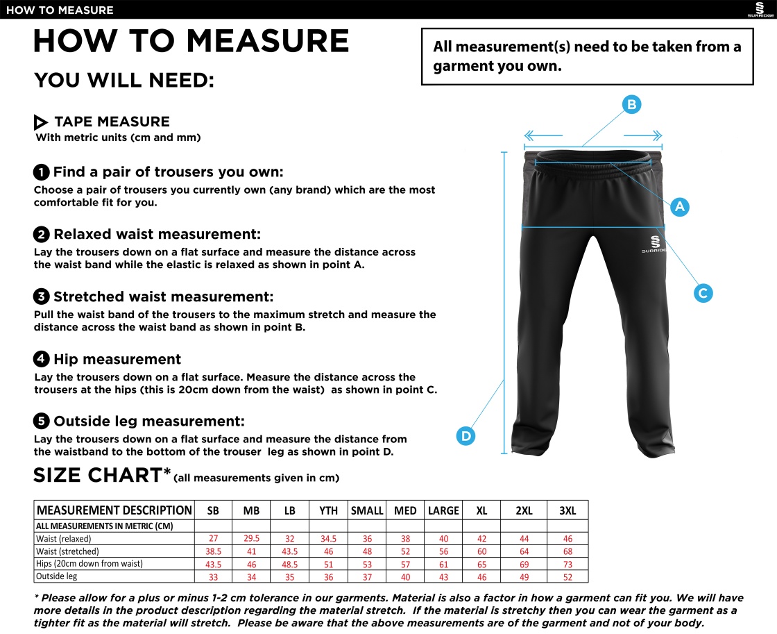 Rimington FC Ripstop Track Pant Black - Size Guide