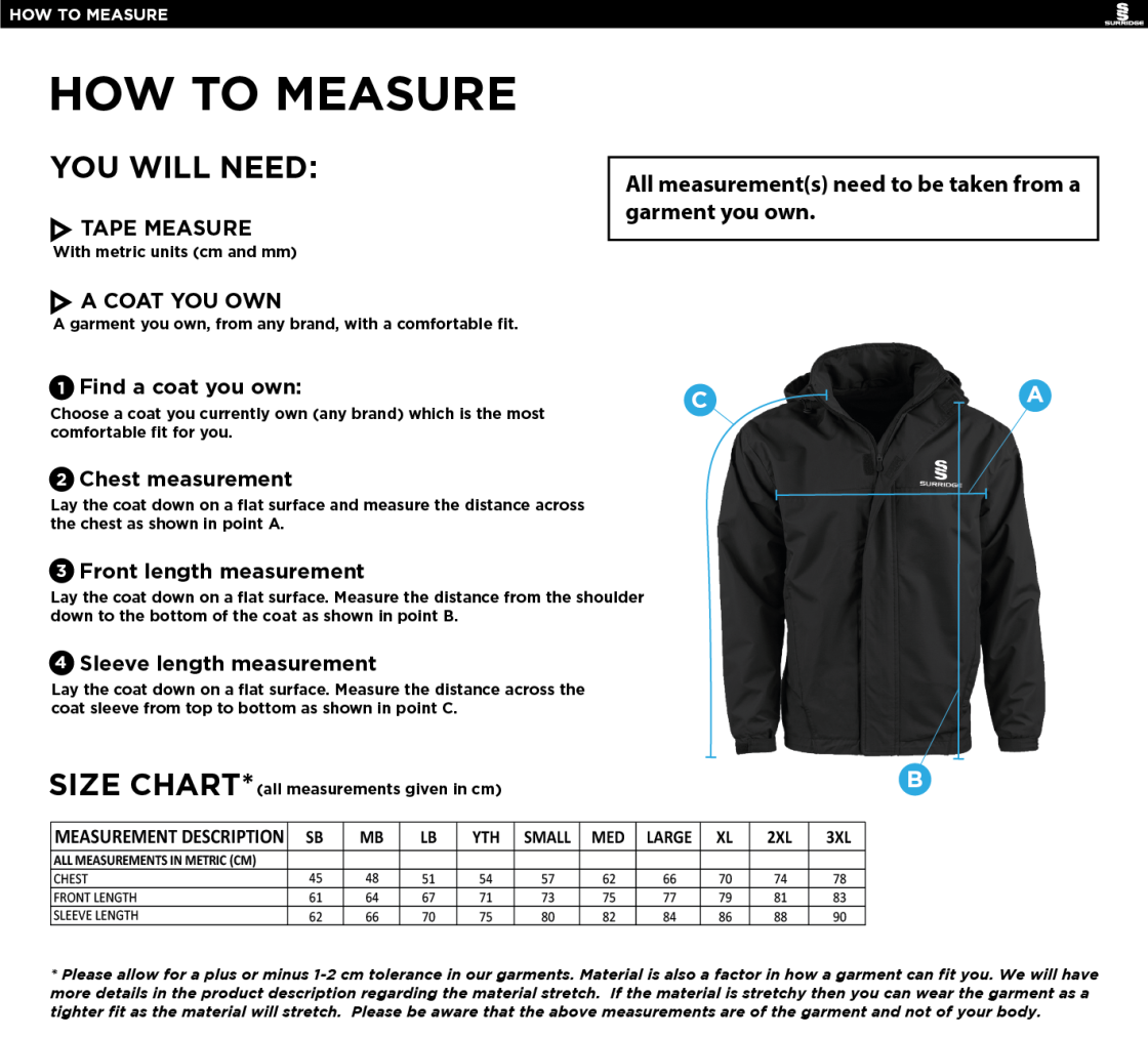 Rimington FC Fleece Line Jacket - Black - Size Guide